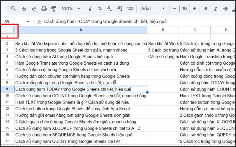Đặt chuột lên ô bên trái bảng tính
