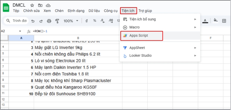 Menu Tiện ích trong Google Sheets với tùy chọn Apps Script