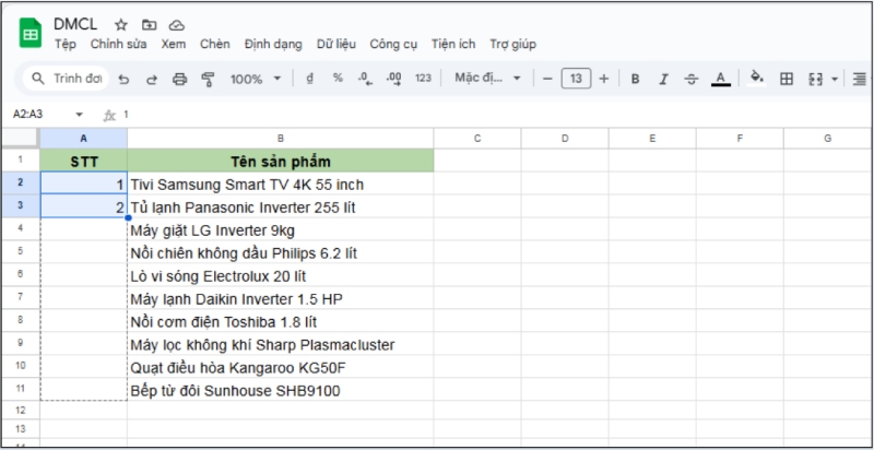 Chọn vùng dữ liệu tại hai hàng đầu tiên của cột STT