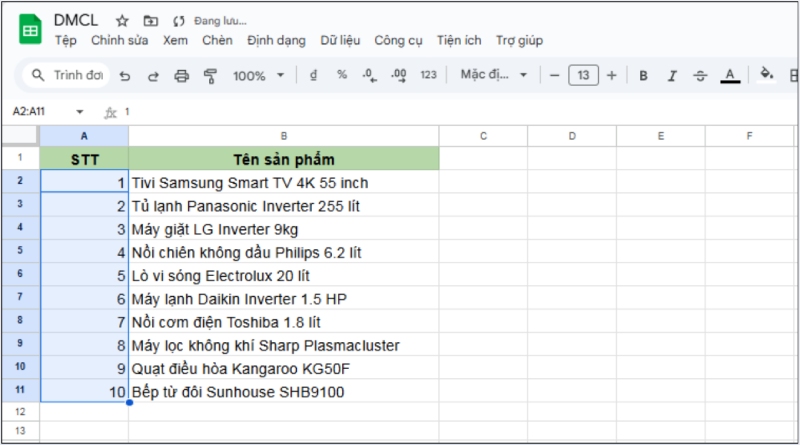 Kéo chuột để đánh số tự động trong cột STT