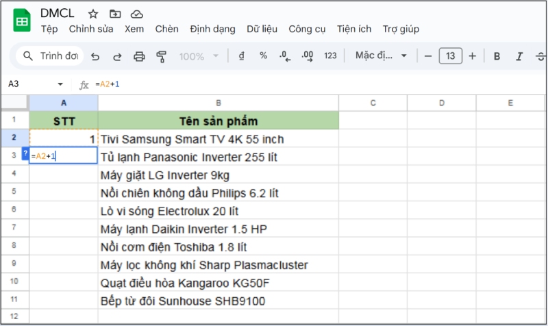 Nhập công thức =A2+1 để tăng số thứ tự