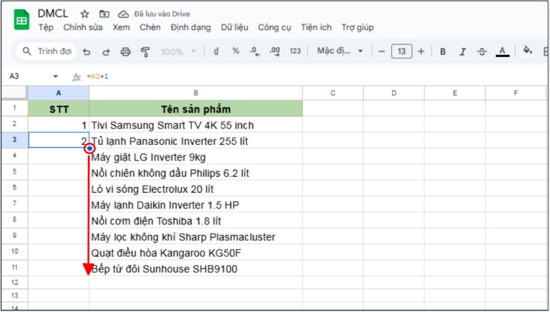 Kéo công thức xuống dưới để tự động đánh số STT