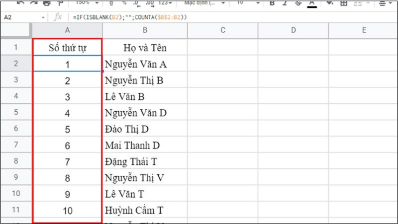 Bảng danh sách họ và tên đã được đánh số thứ tự tự động