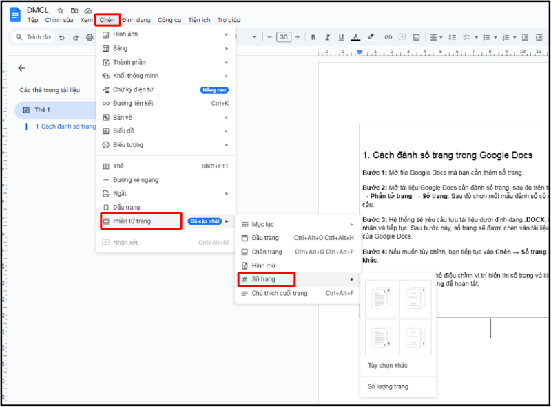Mở Số trang trong menu chèn của Google Docs