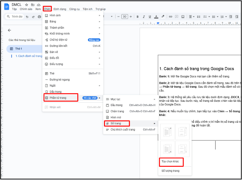 Chọn Tùy chọn khác khi chèn số trang trong Google Docs