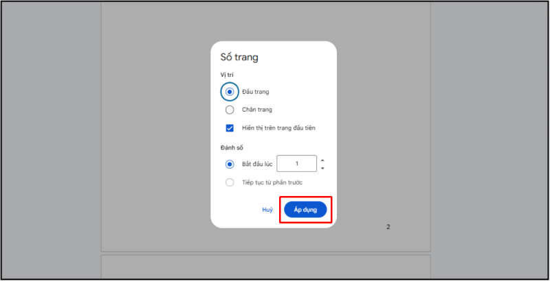 Hộp thoại cài đặt số trang với tùy chọn vị trí và bắt đầu đánh số
