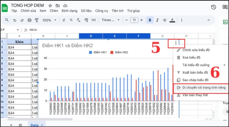Di chuyển biểu đồ đến trang tính mới