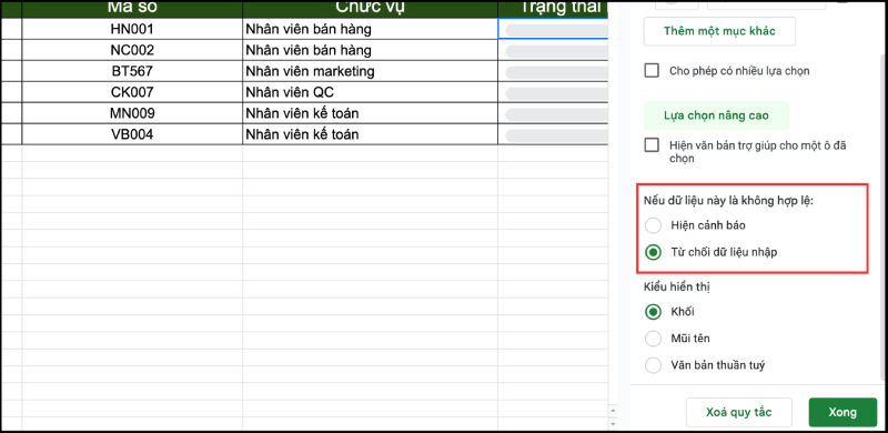 Thiết lập cảnh báo khi dữ liệu nhập vào không đúng với yêu cầu giới hạn