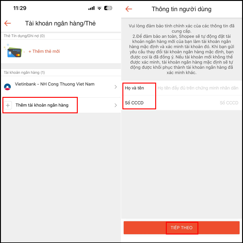 Điền đầy đủ thông tin tài khoản ngân hàng và nhấn Tiếp theo