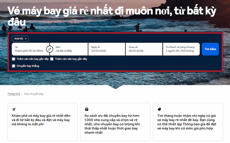 Điền thông tin và nhấn tìm kiếm trên website Skyscanner