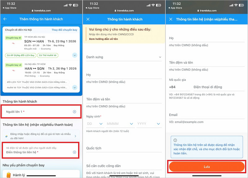 Điền thông tin hành khách và người liên hệ