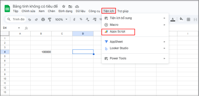 Mở Apps Script trong menu Tiện ích Google Sheets