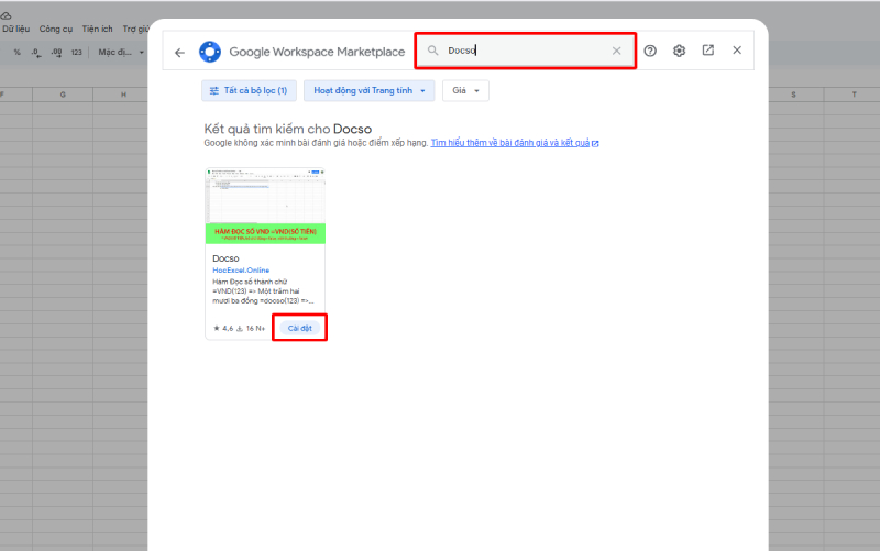 Cài đặt tiện ích Docso trên Marketplace