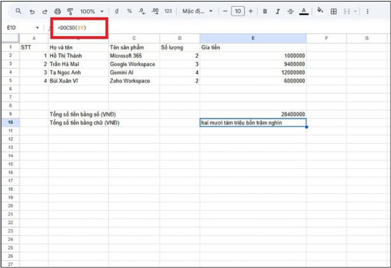Áp dụng hàm DOCSO cho bảng tính Google Sheets