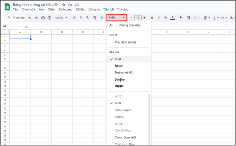 Mở danh sách font chữ trên thanh công cụ Google Sheets