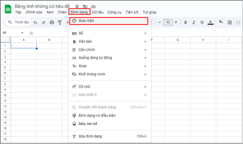 Vào menu Định dạng và chọn Giao diện trong Google Sheets