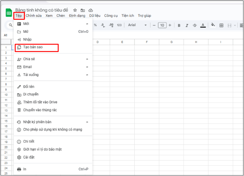 Tạo bản sao file trong menu Tệp Google Sheets