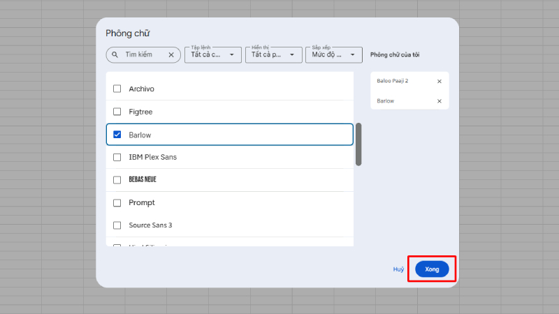 Thêm font chữ mới trong cửa sổ Phông chữ Google Sheets