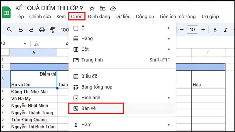 Sử dụng tính năng Drawing trong Google Sheets