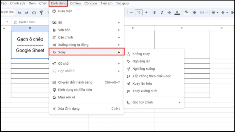 Vào menu Format (Định dạng) và chọn Text rotation để xoay văn bản