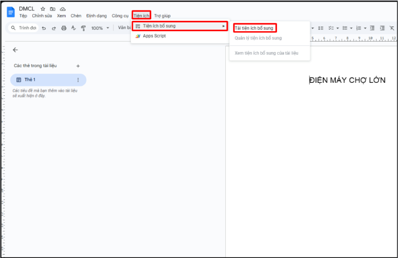 Mở Tiện ích mở rộng trong Google Docs
