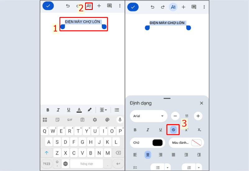 Gạch ngang chữ trên Google Docs điện thoại