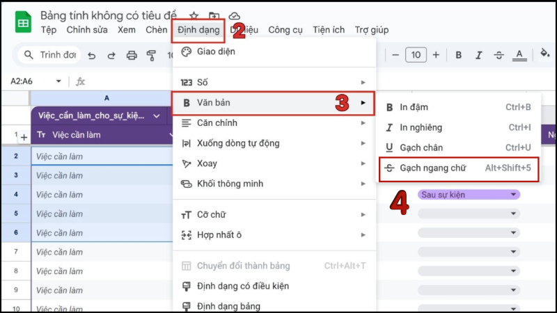 Thao tác chọn gạch ngang chữ trong mục Định dạng