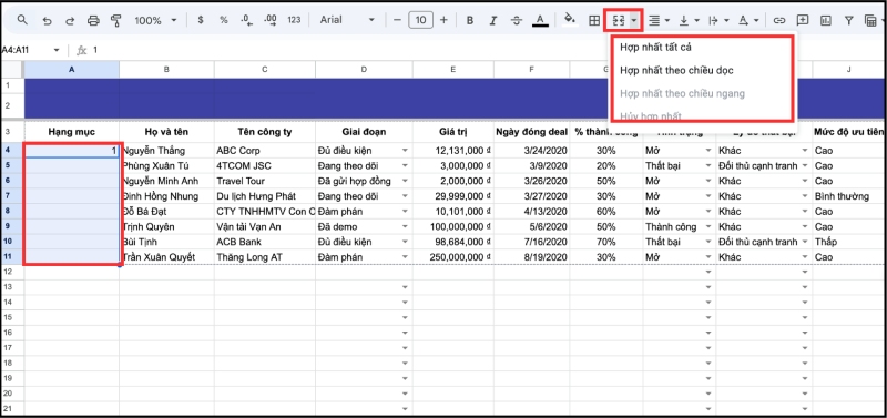 Các tùy chọn hợp nhất ô trên thanh công cụ