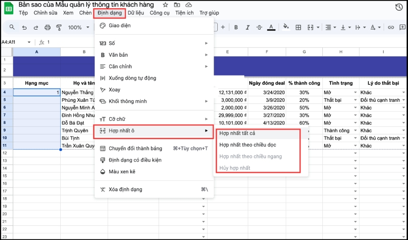 Gộp ô bằng menu định dạng trong Google Sheets