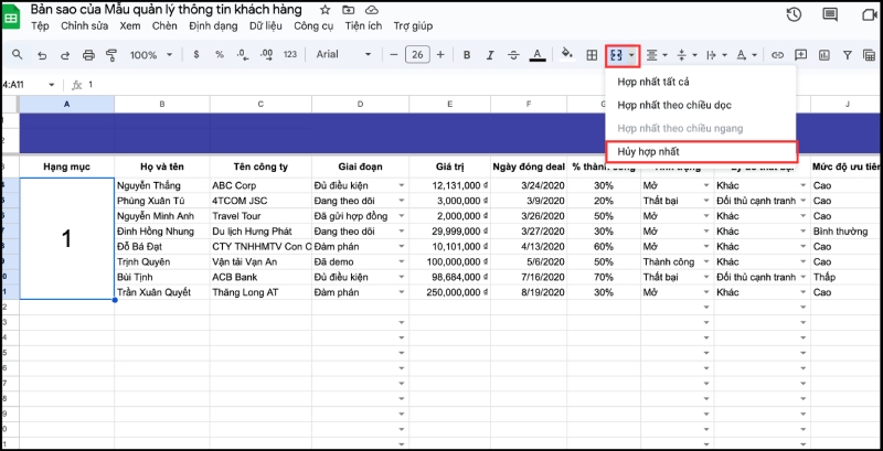 Thao tác hủy hợp nhất ô trong google sheets