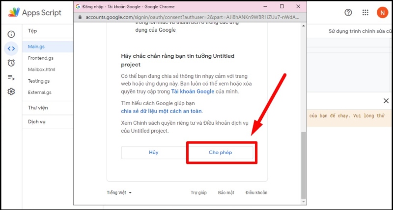 Cho phép để đồng ý cấp quyền cho dự án