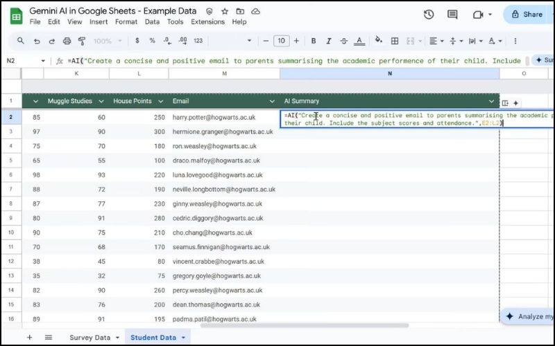Nhập hàm =AI( và viết yêu cầu cụ thể 