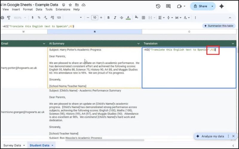 Nhập hàm =AI( và viết yêu cầu dịch sang ngôn ngữ mong muốn