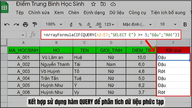 ARRAYFORMULA kết hợp IF và QUERY để phân loại kết quả