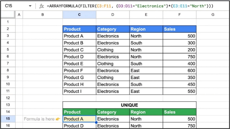 ARRAYFORMULA kết hợp FILTER để lọc dữ liệu sản phẩm
