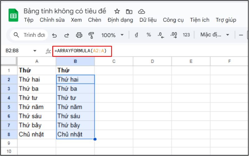 Dùng ARRAYFORMULA để sao chép dữ liệu theo cột trong Google Sheets