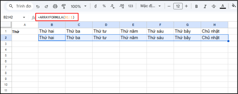 ARRAYFORMULA áp dụng theo hàng ngang trong Google Sheets