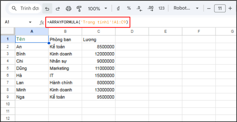 ARRAYFORMULA lấy dữ liệu từ trang tính khác trong Google Sheets