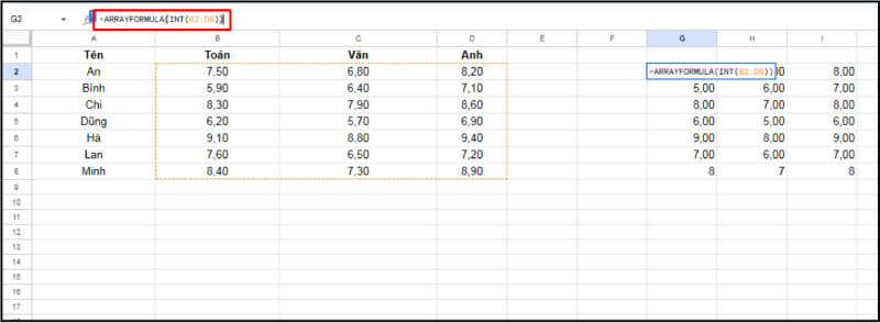 Kết hợp ARRAYFORMULA và INT để làm tròn điểm số trong Google Sheets