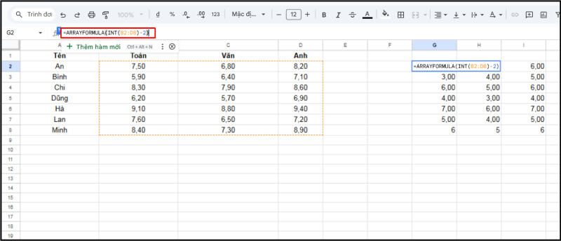 ARRAYFORMULA tính toán toàn bộ vùng dữ liệu cùng lúc