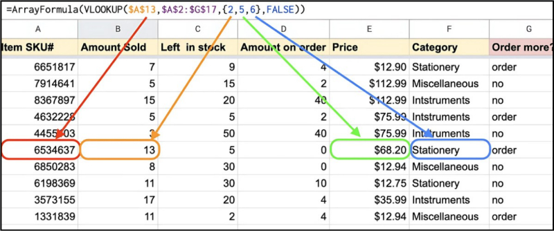 ARRAYFORMULA kết hợp VLOOKUP để trả về nhiều cột dữ liệu