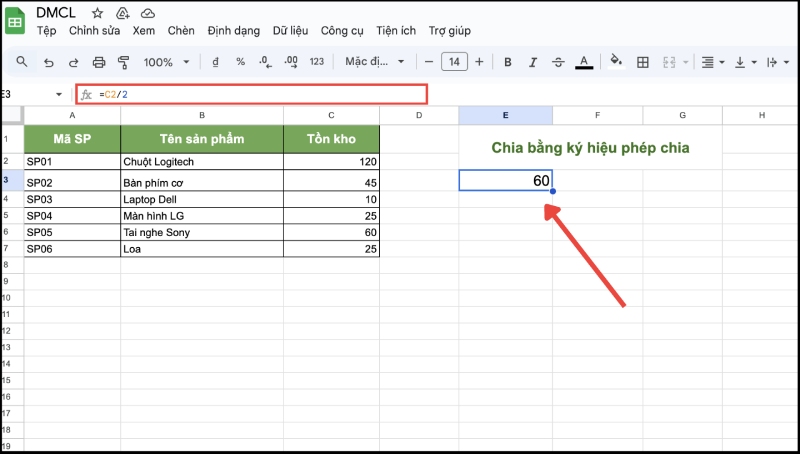 Ví dụ chia giá trị giữa hai ô