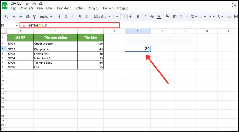 Chia một ô bằng hàm DIVIDE