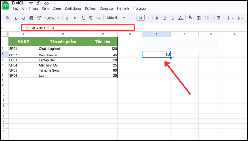 Sử dụng hàm DIVIDE chia 2 ô