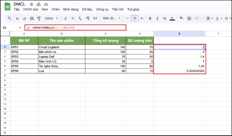 phép chia hàng loạt dữ liệu bằng ARRAYFORMULA
