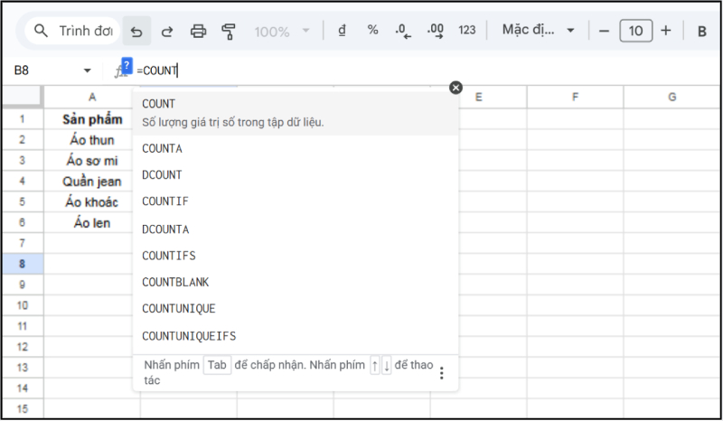Gợi ý các hàm COUNT khi nhập công thức trong Google Sheets