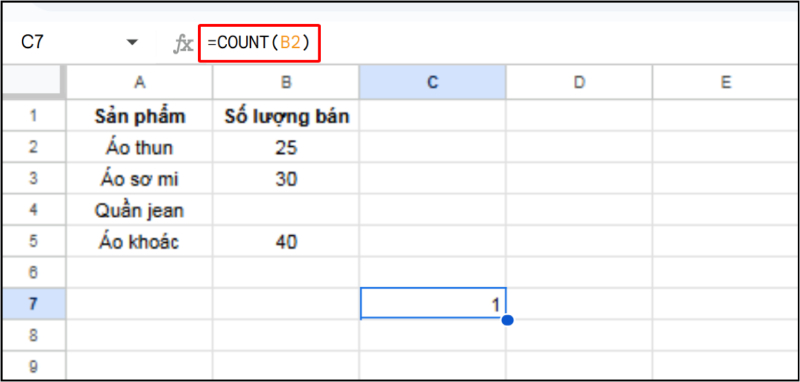 Ví dụ dùng hàm COUNT để đếm giá trị số trong một ô