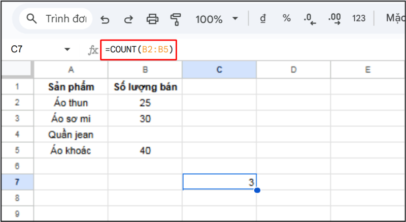 Dùng hàm COUNT để đếm số ô chứa số trong một vùng dữ liệu