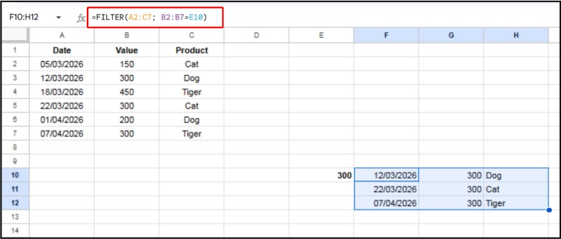 Hàm FILTER lọc dữ liệu theo điều kiện bằng giá trị trong ô tham chiếu