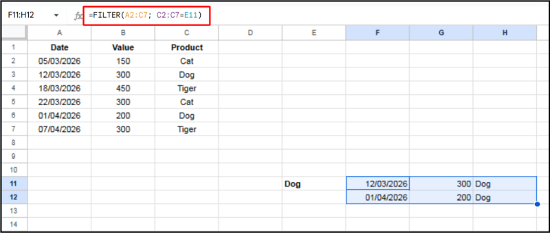 Dùng hàm FILTER lọc dữ liệu theo điều kiện văn bản trong ô tham chiếu